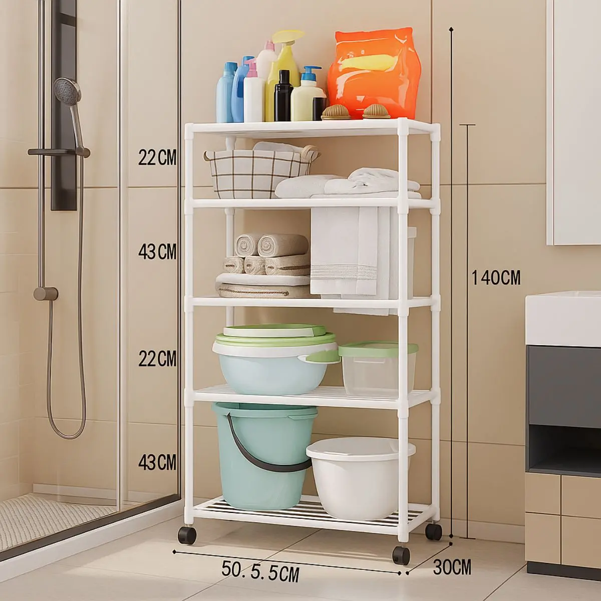 Estante Organizador De 5 Niveles Con Ruedas Para Baño, Cocina O Lavandería. Repisa Para Almacenamiento. 140X50.5X30cm Color Blanco. 1