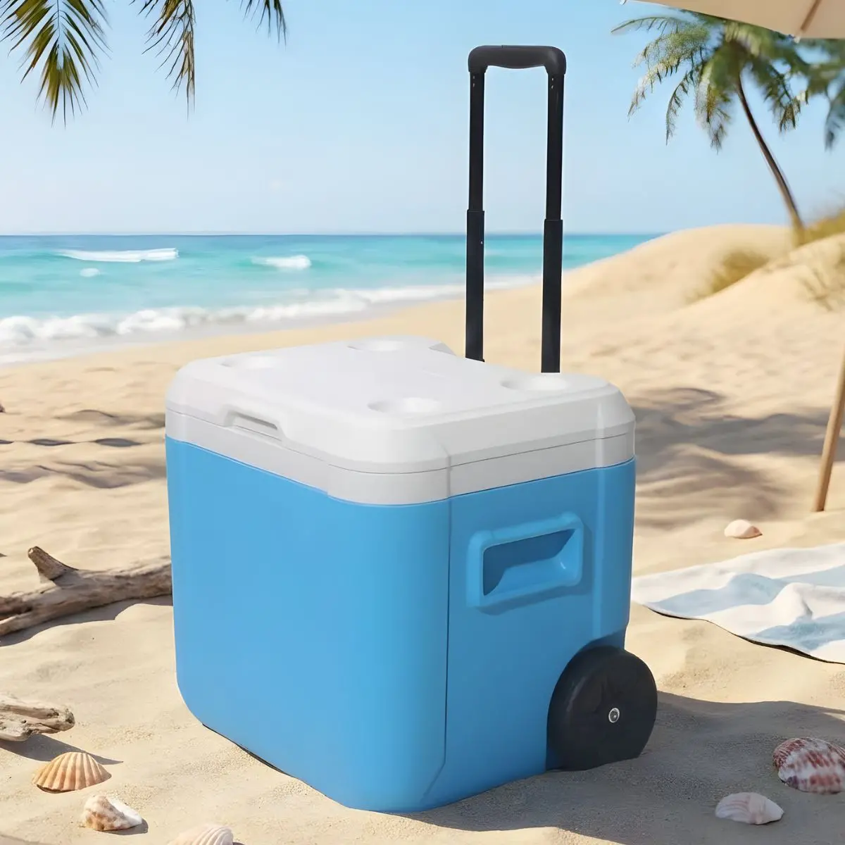 Cooler Portátil 55Qt (52L)Con Ruedas Azul/Blanco, Aislamiento Térmico Antifugas Para Camping Y Picnic Hielera (52.8×41.5×48.0Cm) 1