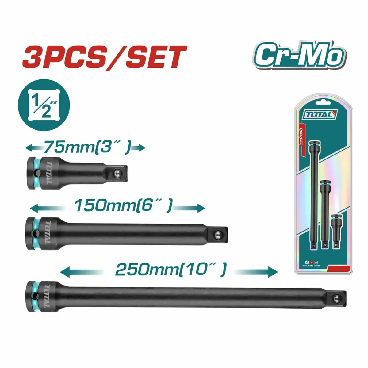 Barras De Extensión De Impacto De 1/2". Material: Cr-V Tratamiento Térmico. Juego De 3 Piezas (75, 150, 250Mm) 1