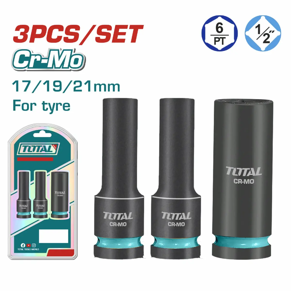 Dados Sockets De Impacto Profundo 1/2". Acero Cr-Mo. Set De 3 Piezas (17-19-21Mm). 1