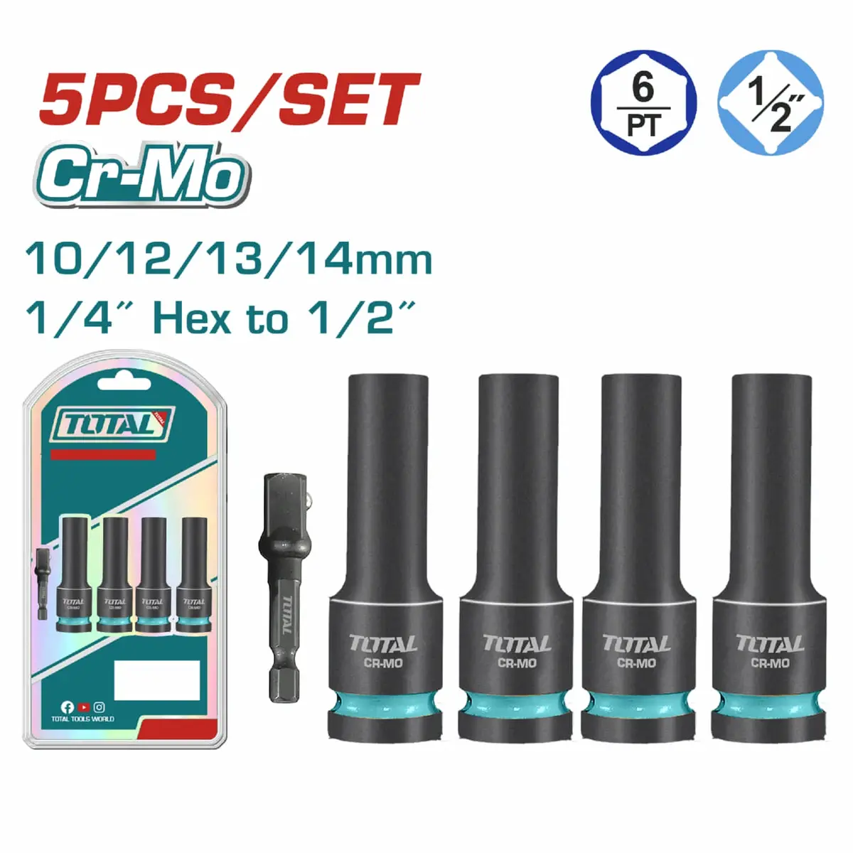 Dados Sockets Impacto Profundo 1/2" (10-12-13-14Mm) Con Adaptador 1/4" A 1/2" (Set De 5 Piezas) 1