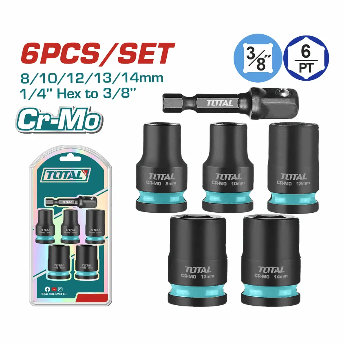 Dados Socket De Impacto 3/8" 8-14Mm. Cr-Mo. Tratamiento Térmico. Set De 6 Piezas. 1