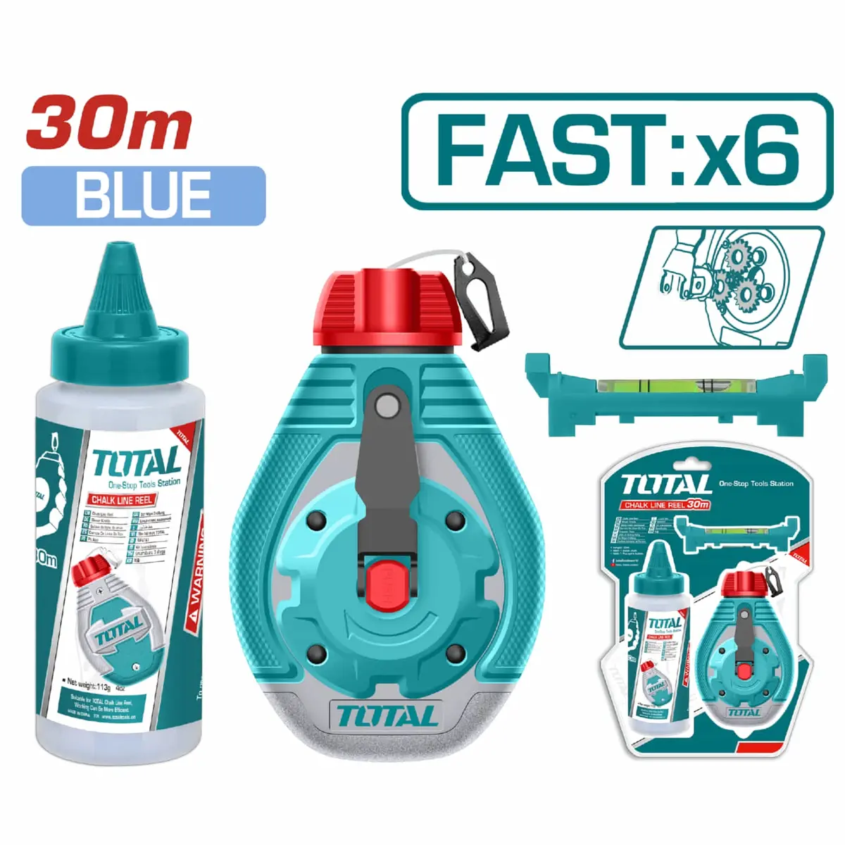 Tira Línea (Chalk Line) 30 Mts. Con Manivela De Acero Inoxidable, Botella De Tiza Azul 113G Y Retracción Rápida 6:1. 1