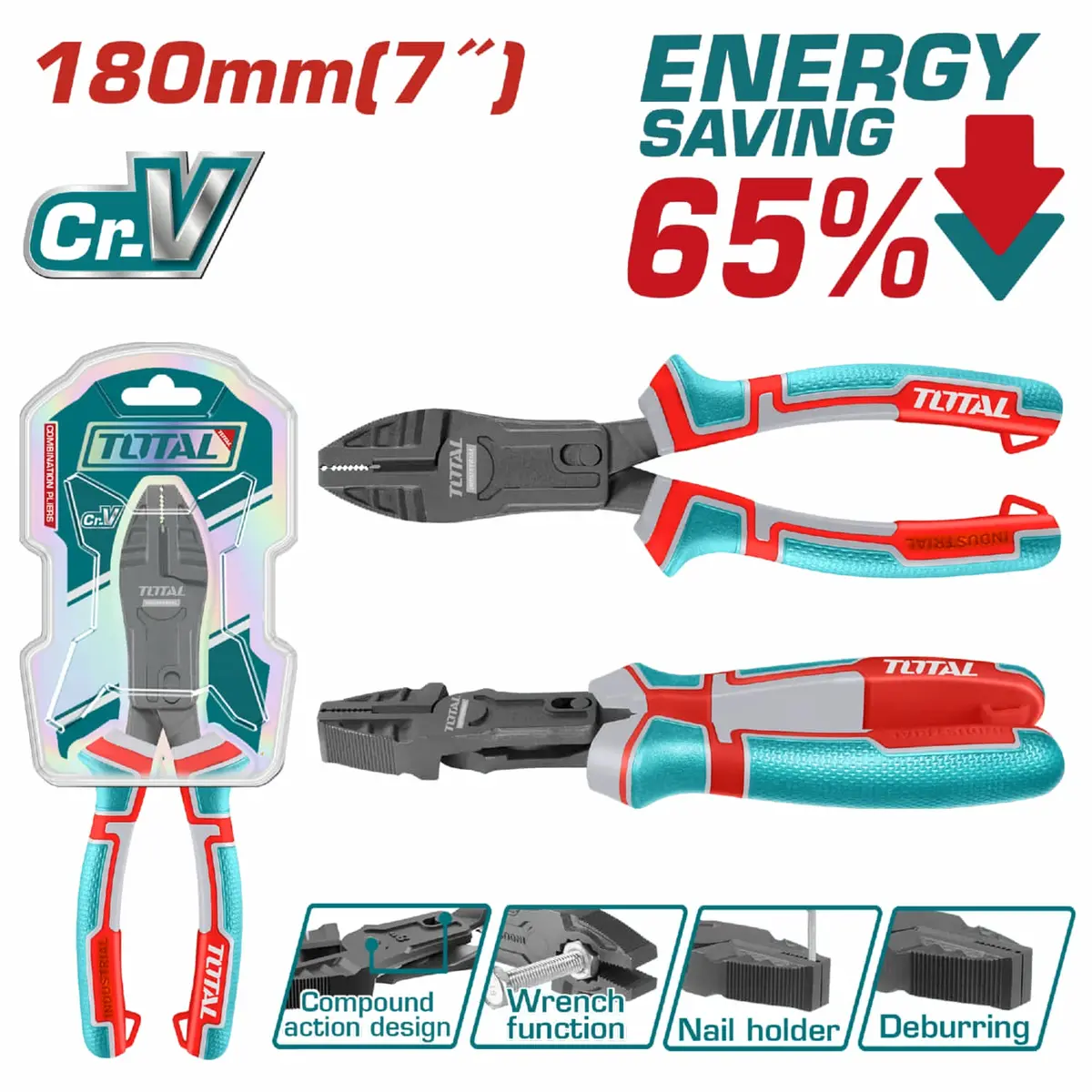 Alicate De Combinación Acción Compuesta 7"/180Mm Cr-V. 65% Ahorro De Energía. Mango Ergonómico. 1