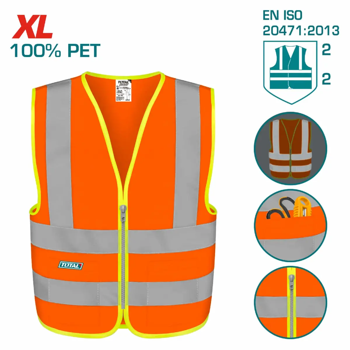 Chaleco Reflectivo De Seguridad Con Zipper Y Bolsillos. Color Naranja Fluorescente. (Talla Xl) 1