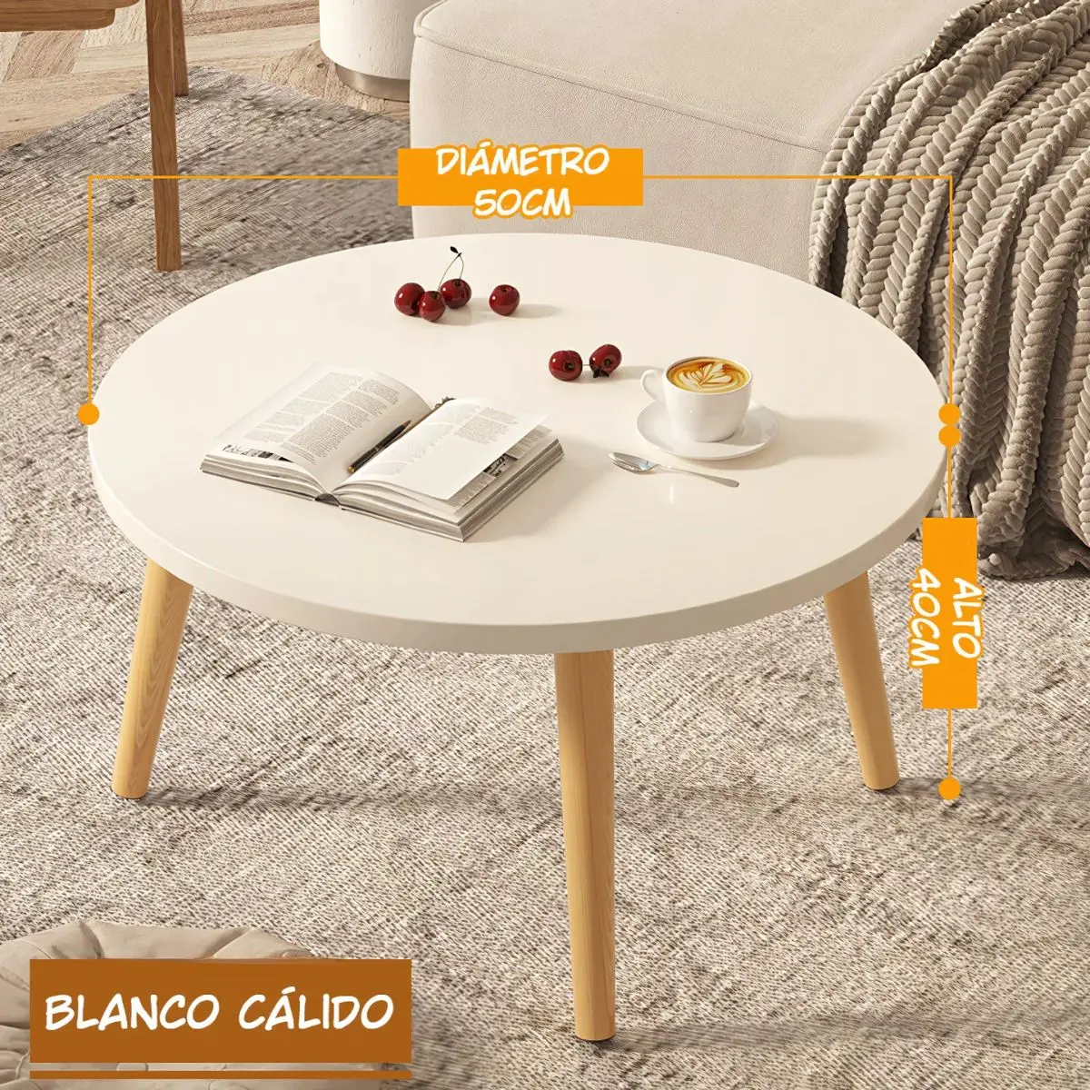 Mesa Auxiliar Redonda. Color Blanco Cálido 50X40cm. Patas De Madera. 1