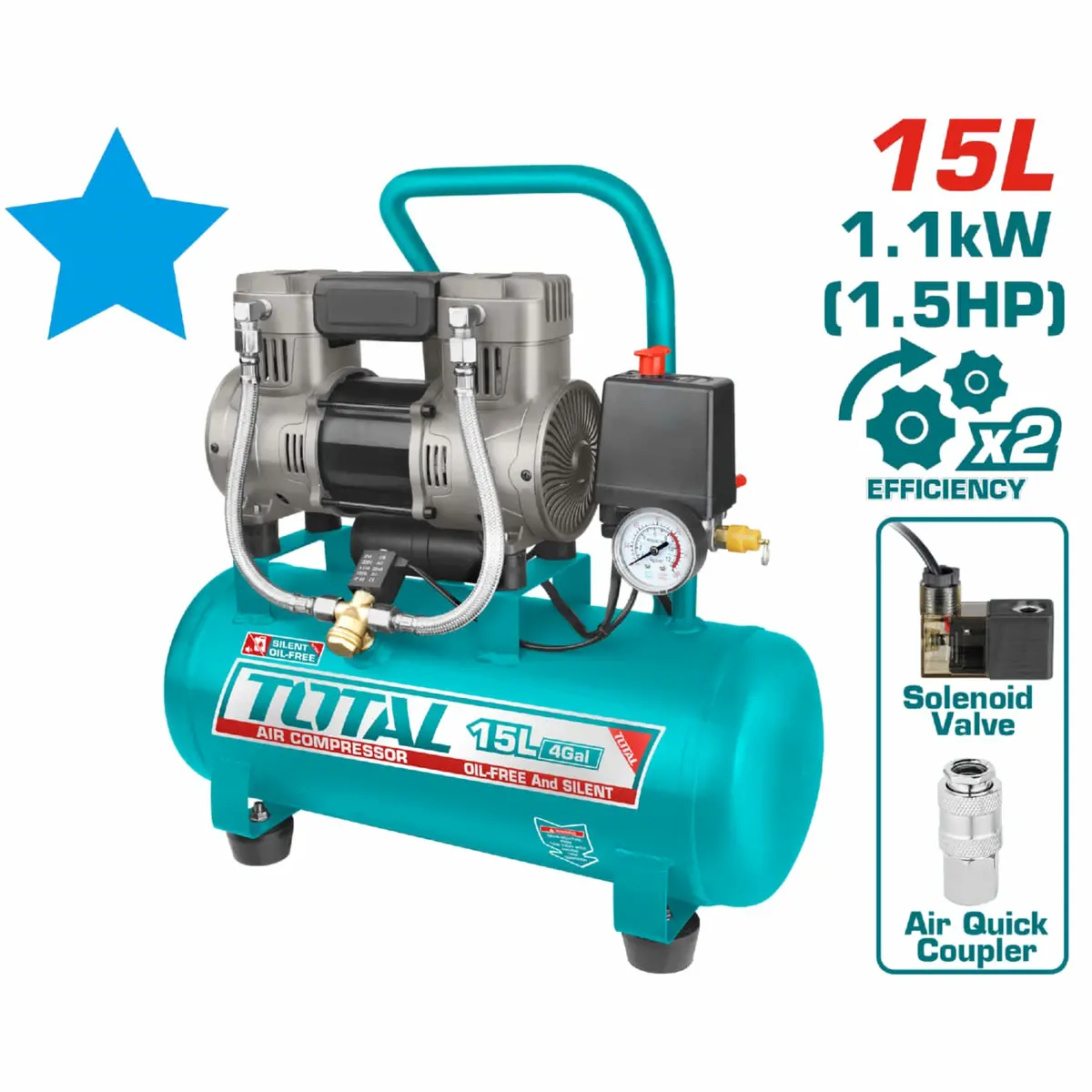 Compresor De Aire 15L 1.5Hp (Sin Aceite) Motor Con Bobina De Aluminio. Comprime 2X Más Rápido. Apto Para Odontología. 1