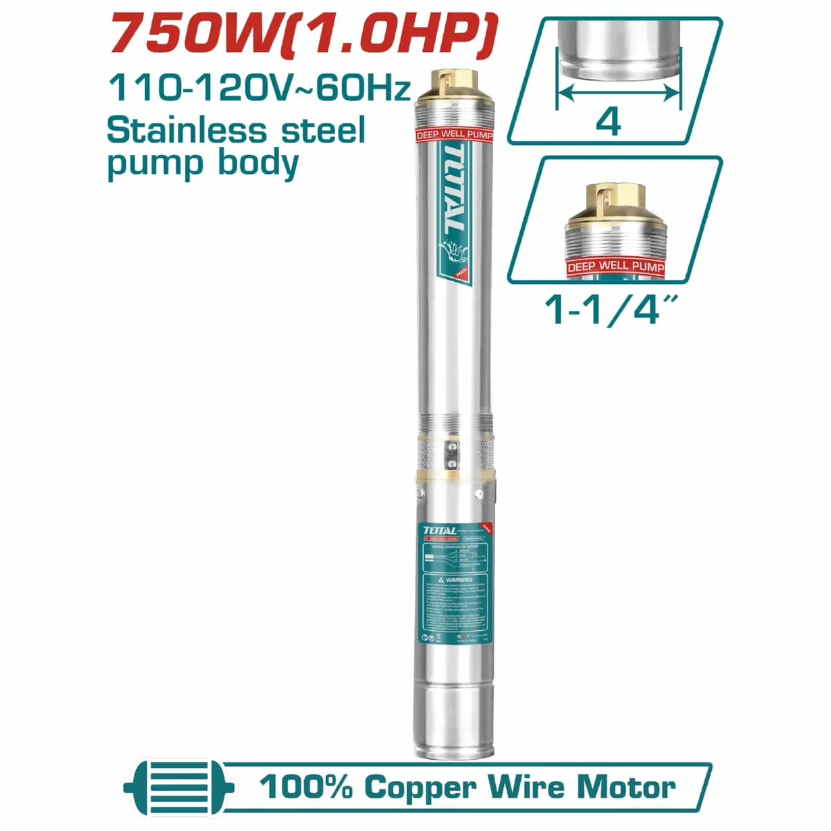 Bomba De Pozo Profundo 4" 750W. Acero Inoxidable 1.0Hp. Altura 82M. Cable 20M. Sin Caja De Control. 1