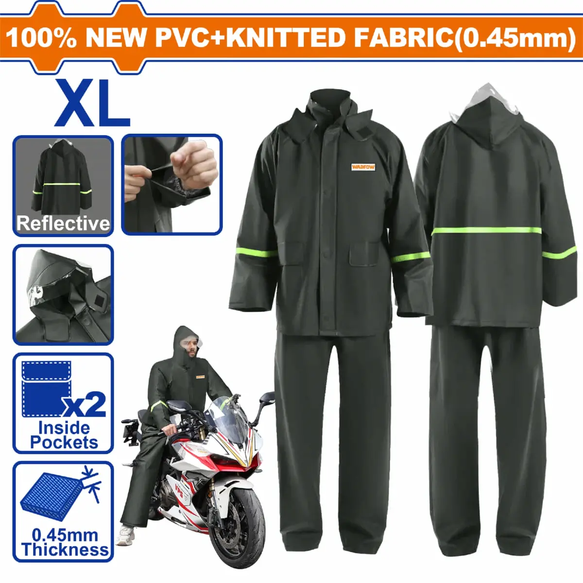 Jacket Y Pantalon Impermeable Lluvia Motorizado Talla Xl Pvc 0.45Mm Con Cinta Reflectiva Y Ventilación Transpirable Color Negro 1