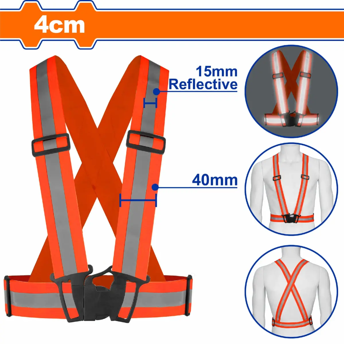 Cinta Reflectiva De Seguridad 4Cm Naranja Fluorescente. Alta Visibilidad. Hebillas Ajustables. 1
