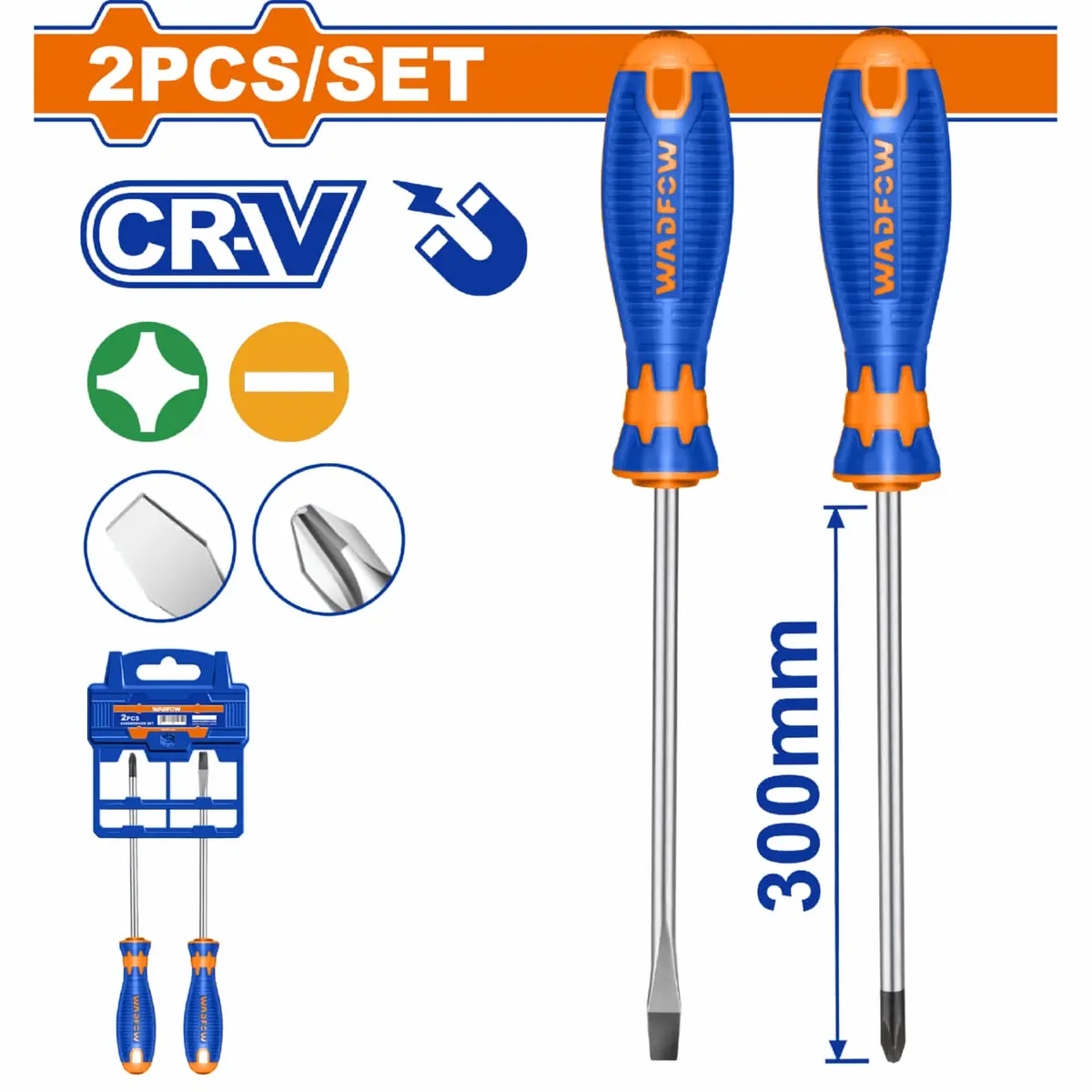 Destornilladores Punta Plana Sl6.5X300mm Y Phillips Ph2x300m Vástago Redondo Magnéticos Cr-V Set 2 Pzas. 1