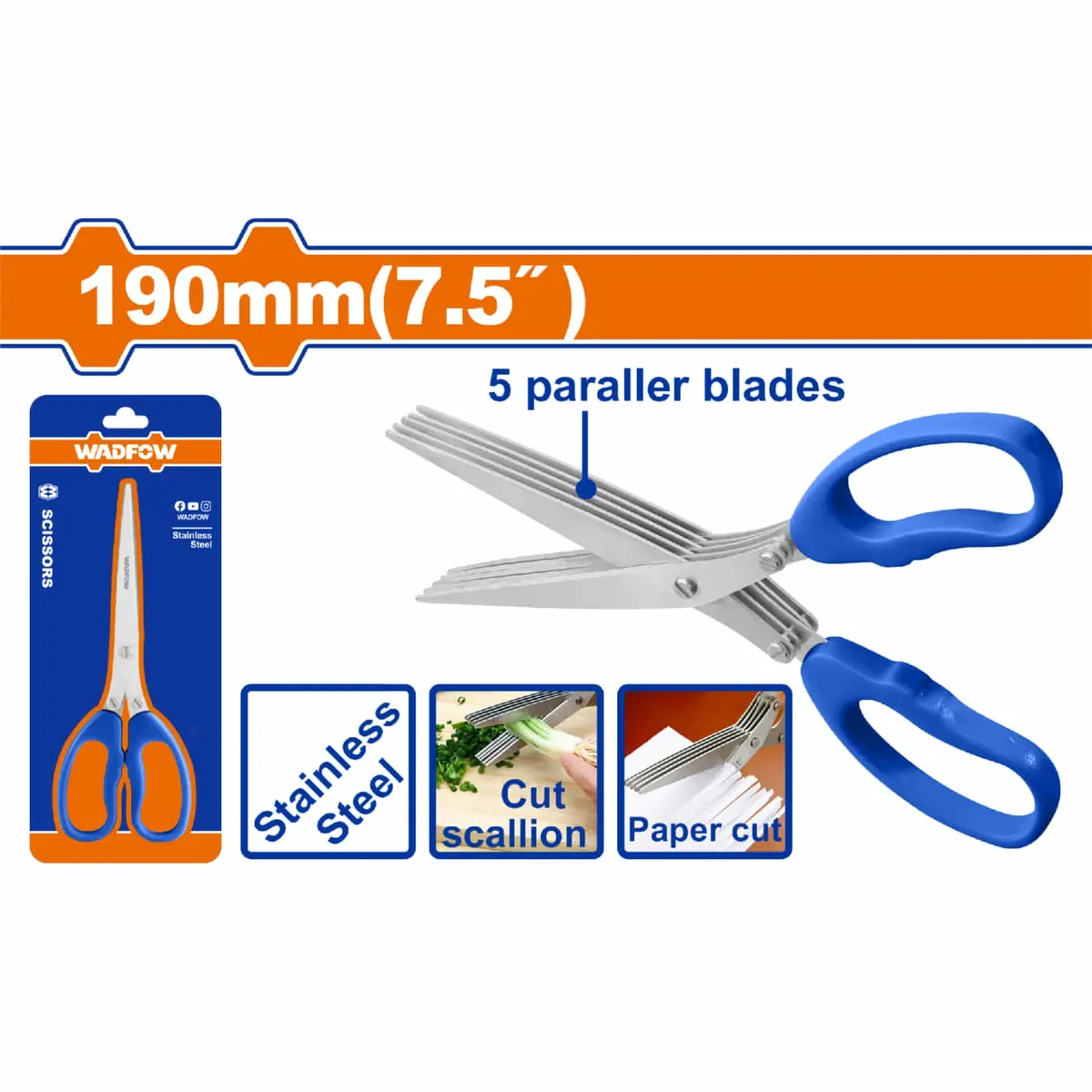 Tijera De Cocina 190Mm (7.5") Con 5 Cuchillas Acero Inoxidable 1.1Mm  Ideal Para Cortar Cebollina, Perejil Y Papel. 1