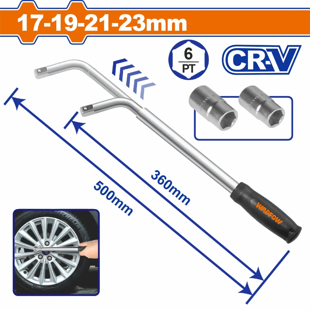 Llave Telescopica 1/2" 360-500Mm Con Dados Intercambiables 17-19Mm Y 21-23Mm Cr-V Tratada Termicamente 1