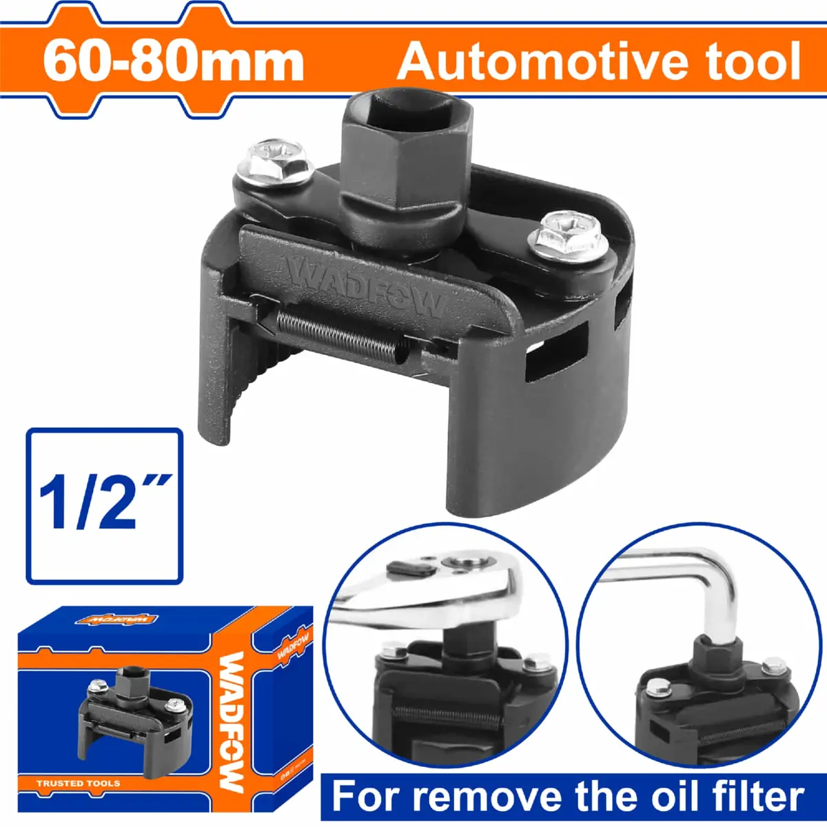 Llave De Filtro De Aceite Ajustable 60-80Mm Adaptado A Llave De 1/2" Acero Al Carbono. Mordaza Dentada. 1