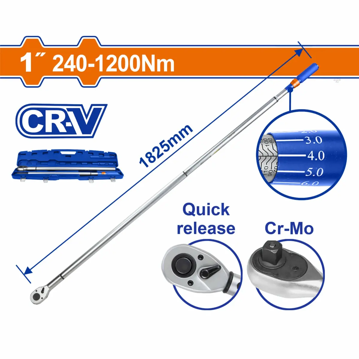 Torquimetro Extensible 1" 240-1200N.M Cr-V Cr-Mo Cromado Con Liberacion Rapida Longitud 1825Mm ±4% 1