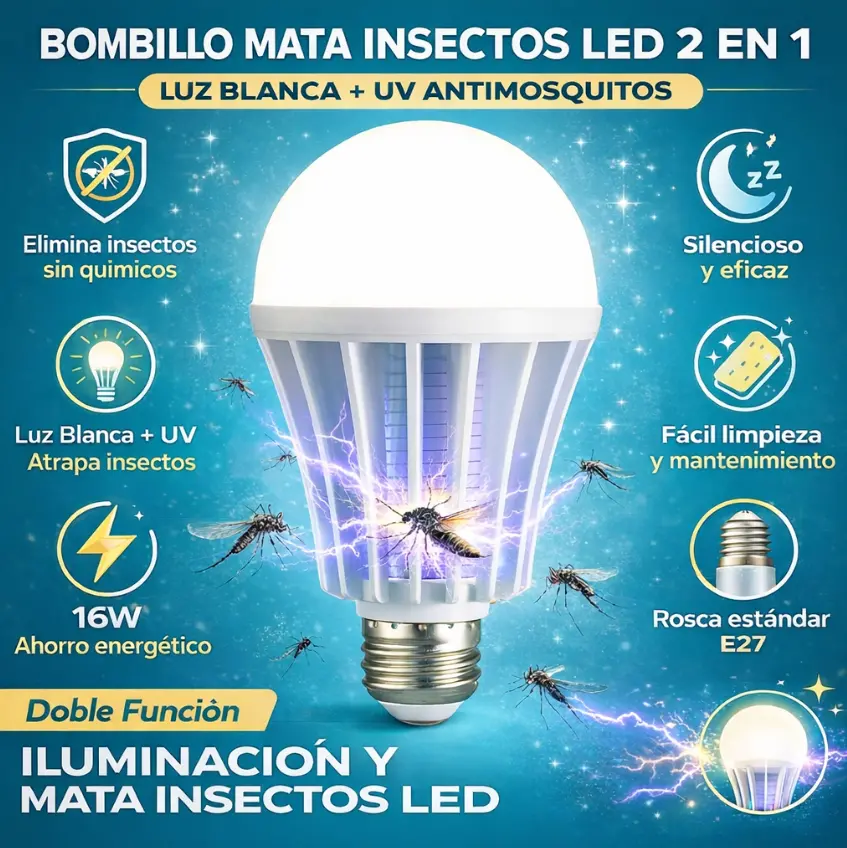 Foco Mata Mosquitos. Lámpara Antimosquitos Led 16W Con Luz Blanca Y Ultravioleta. Bombillo Mata Insectos. Luz Nocturna Repelente. 1
