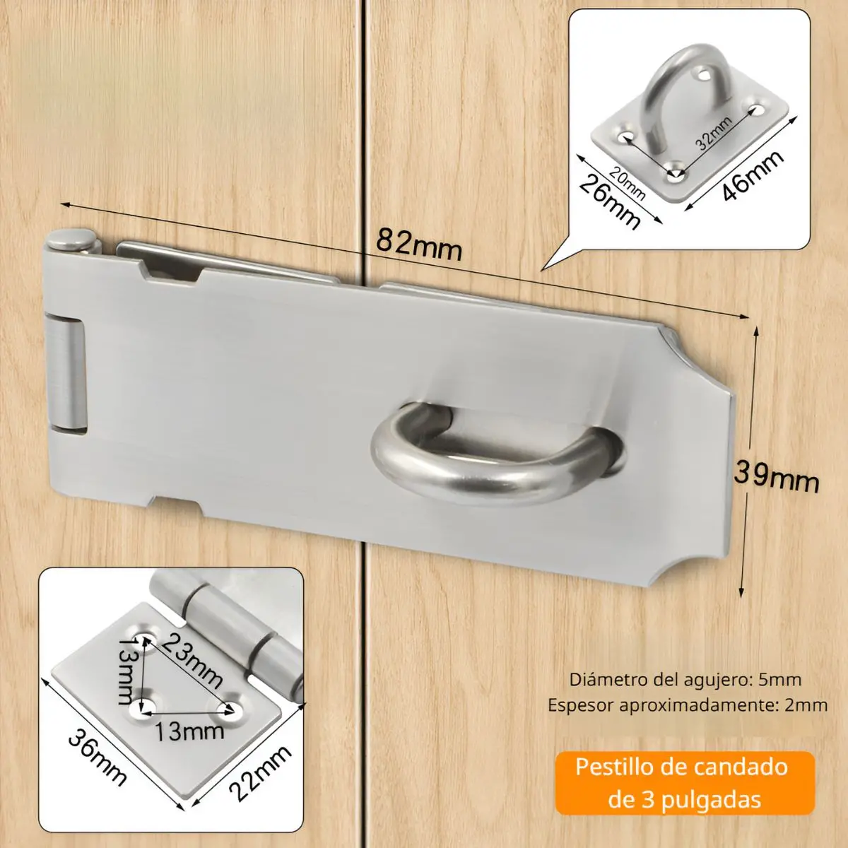 Aldaba Portacandado 3". Acero Inoxidable. Pestillo De Seguridad Para Puertas Y Armarios. 1