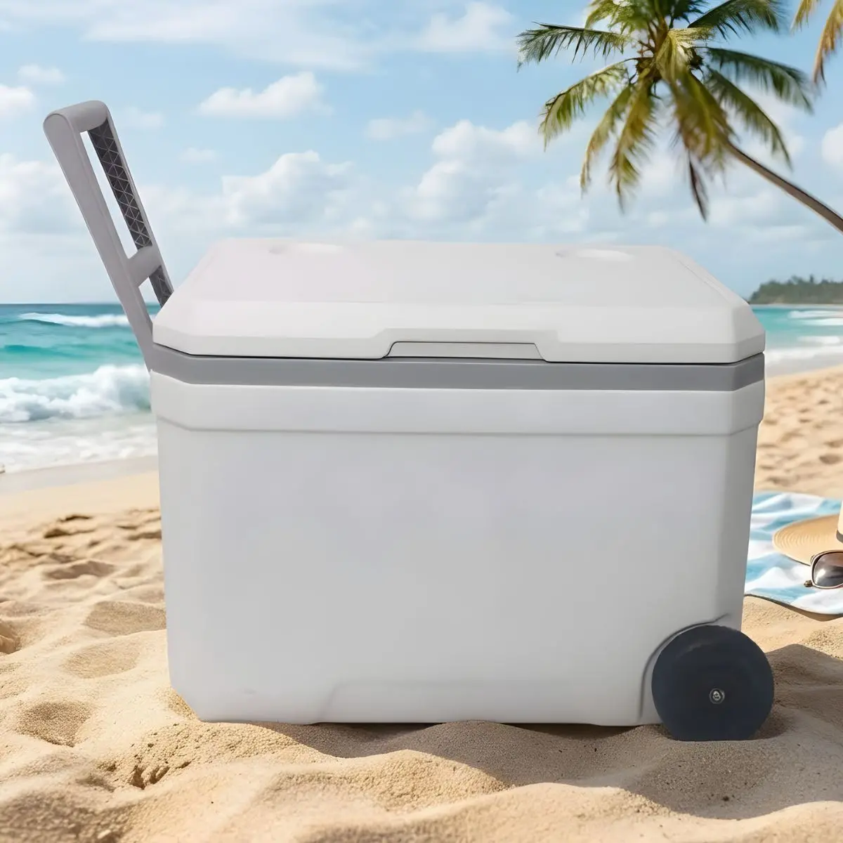 Hielera Portátil 48Qt (45L) Con Ruedas Y Asas. Color Blanco. Enfriador Rígido 57.8X38x41 Cm Para Camping, Playa Y Picnic. Cooler 1