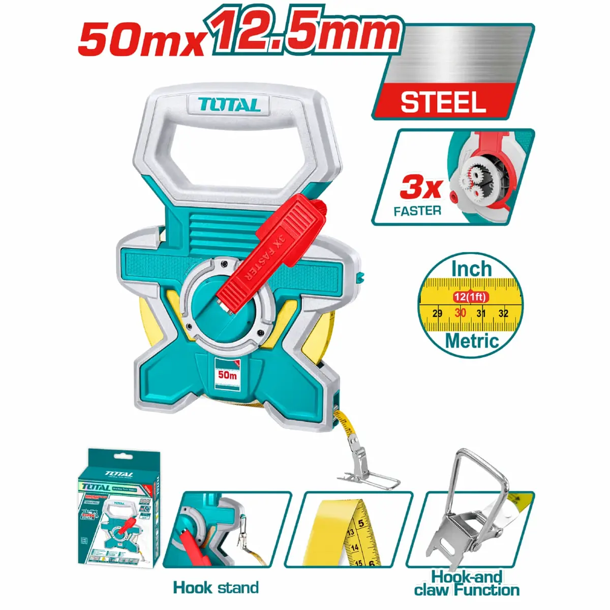 Cinta Métrica De Acero 50 Mts X 12.5 Mm. Métrico Y Pulgadas. Auto Enrollable 3:1 1