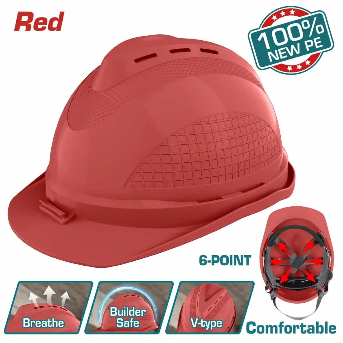 Casco De Seguridad Color Rojo. 6 Puntos De Suspensión. Ajustable Con Perilla. Carcasa De Pe Con Respiraderos. 1