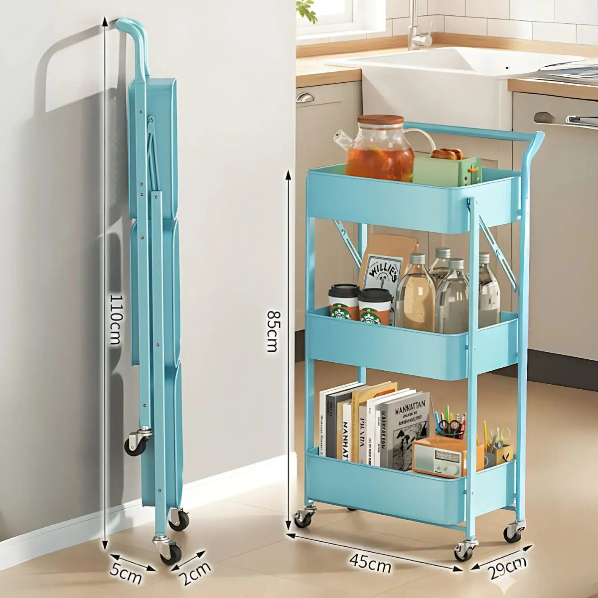 Carrito Organizador De 3 Niveles Con Ruedas. Estantería Plegable De Almacenamiento. Estante Organizador. Color Celeste. 1