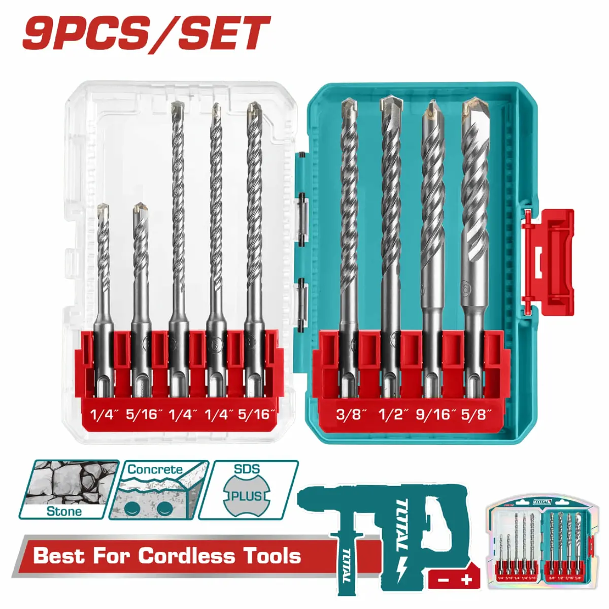Brocas Sds Plus Para Rotomartillo. Set De 9 Piezas. Medidas Variadas 1/4"" A 5/8"". Ideal Para Concreto Y Piedra. 1
