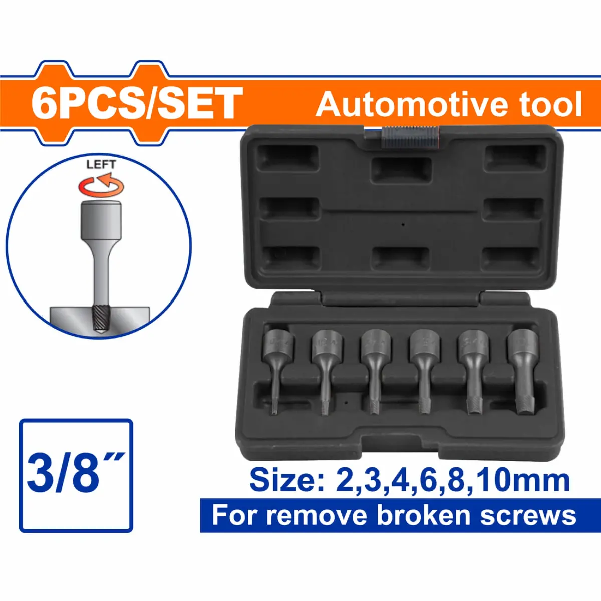 Extractor De Pernos Y Tornillos 2-10Mm Dado 3/8" Acero Cr-Mo Rosca Invertida Espiral. Set 6 Pzas 1