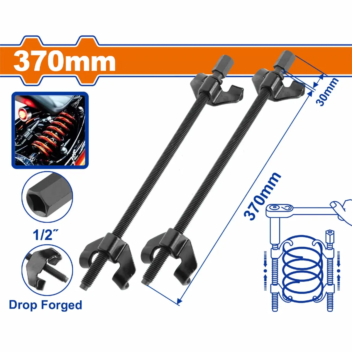 Compresor De Resortes De Suspensión 370Mm Entrada 1/2" Acero Forjado. Tratamiento Térmico. Set 2 Pzas. 1