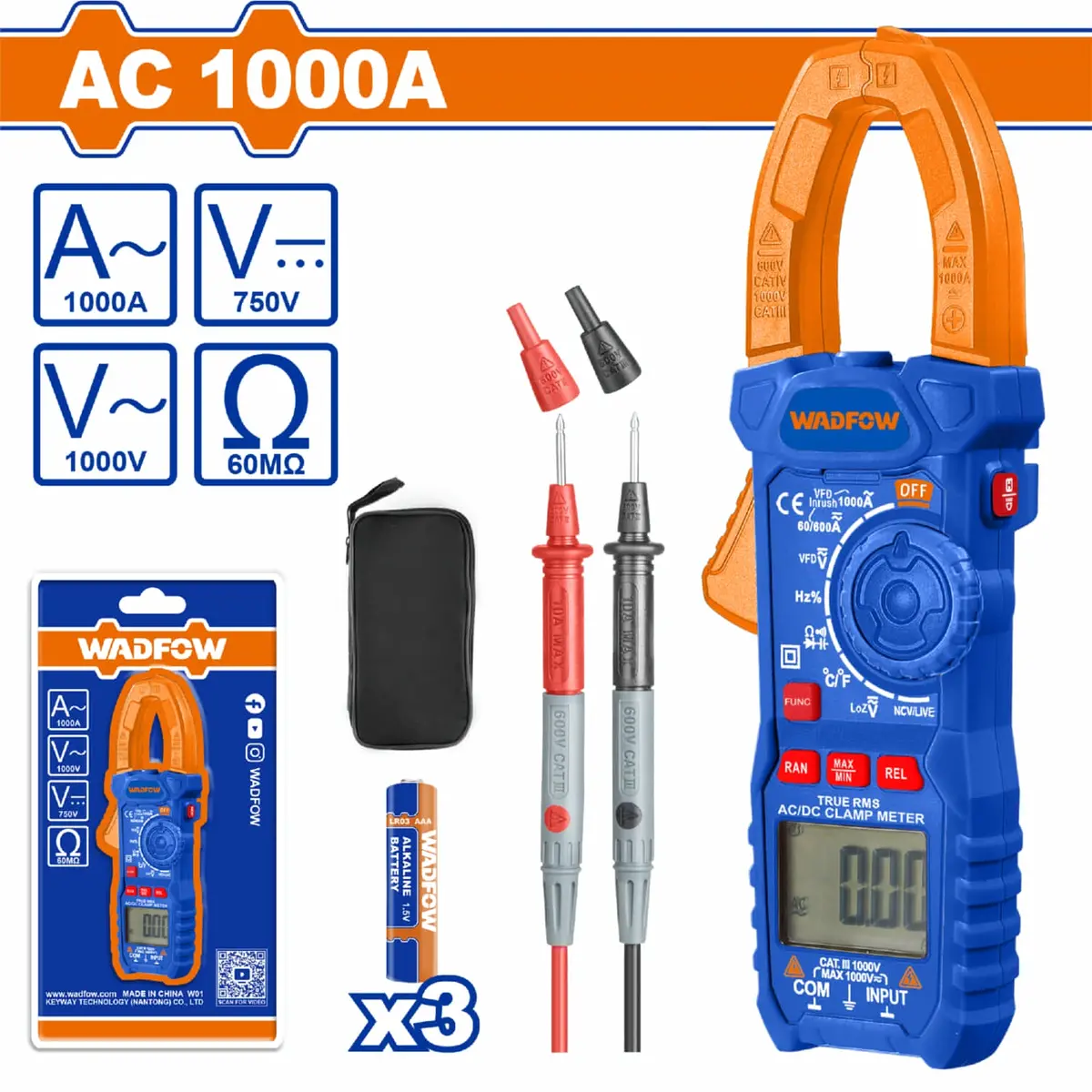Medidor De Abrazadera. Pinza Amperimétrica Ac 1000A 6000 Dígitos. Baterías 3 Aaa. Medidor De Voltaje. 1