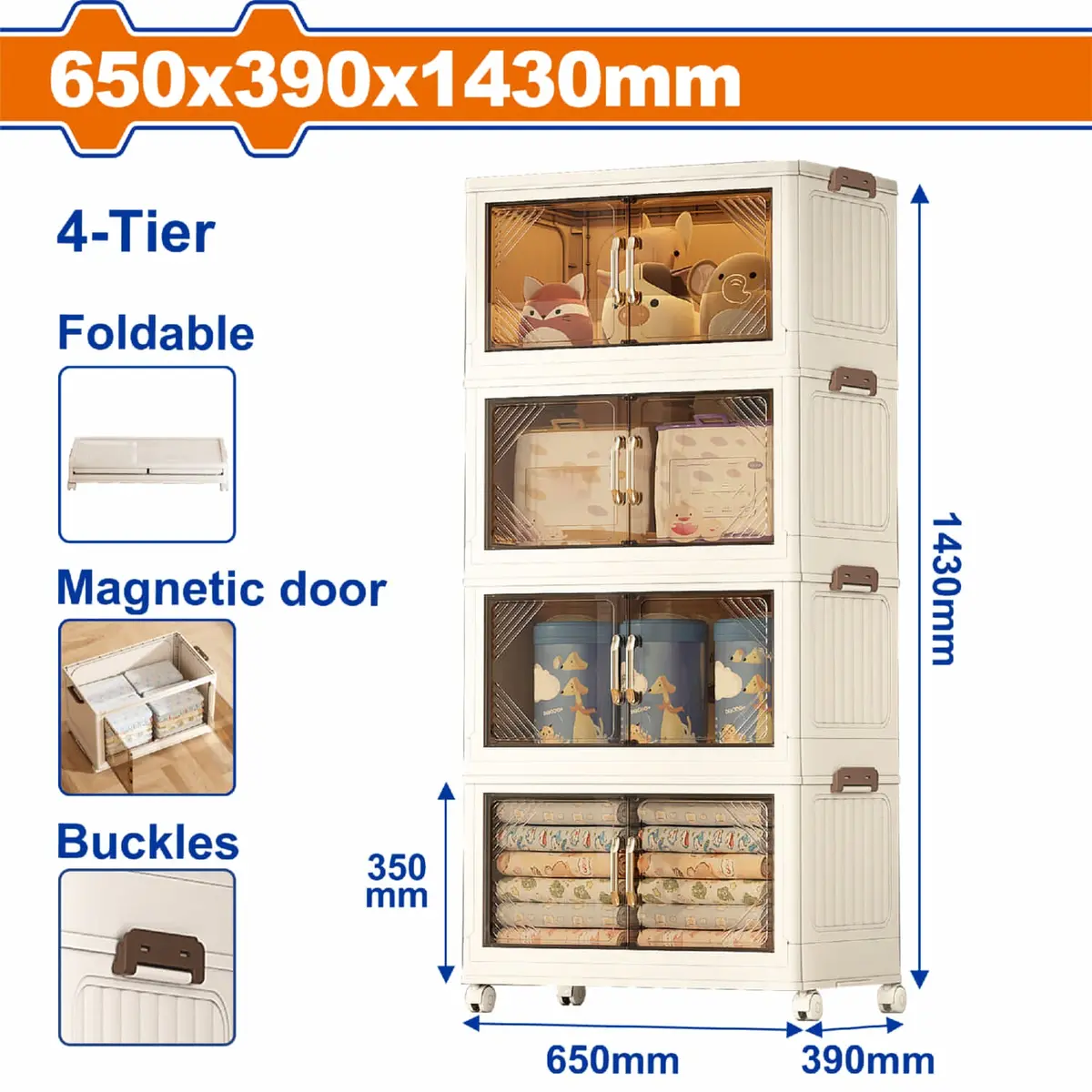 Armario Plegable 4 Niveles Plástico Con Puertas Magnéticas Y Ruedas Giratorias 2” 65X39x143cm Color Crema Carga Max 30Kg Closet Organizador 1