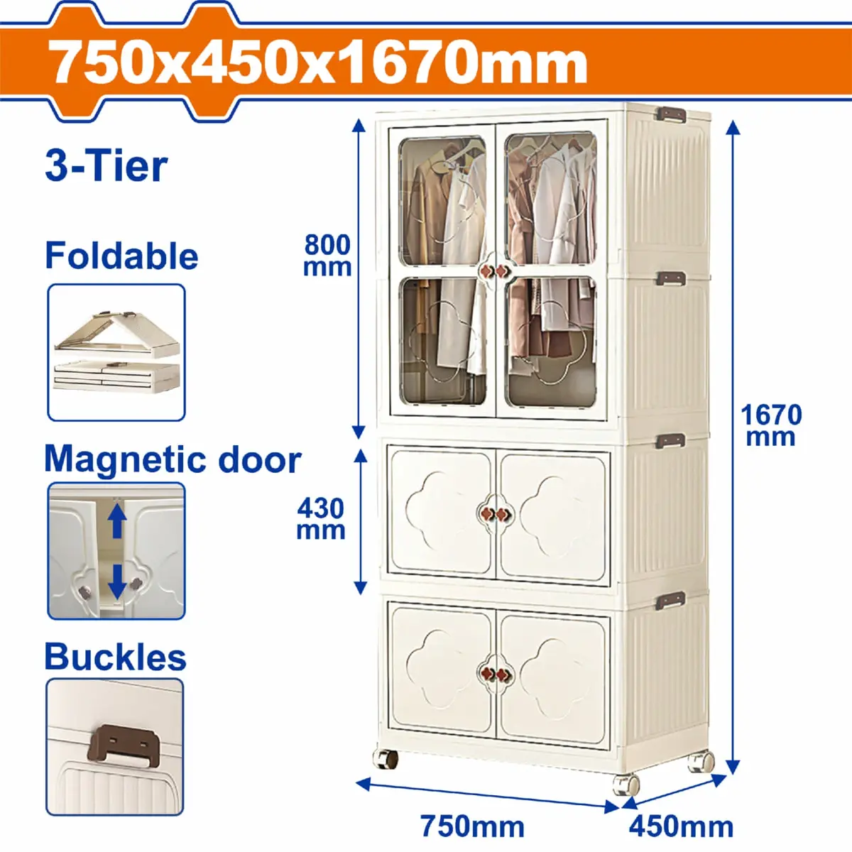 Armario 3 Niveles Plástico Con Puertas Magnéticas Y Ruedas Giratorias 2" 75X45x167cm Color Crema. Carga Max 30Kg Gabinete Y Ropero Plegable 1