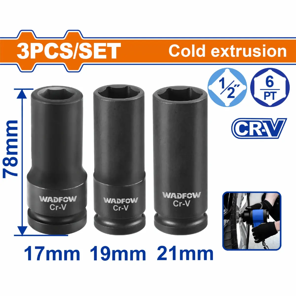 Dados Socket De Impacto 1/2" 17-19-21Mm Largo 78Mm Acero 50Bv30 Cr-V  Set 3 Pzas. 1