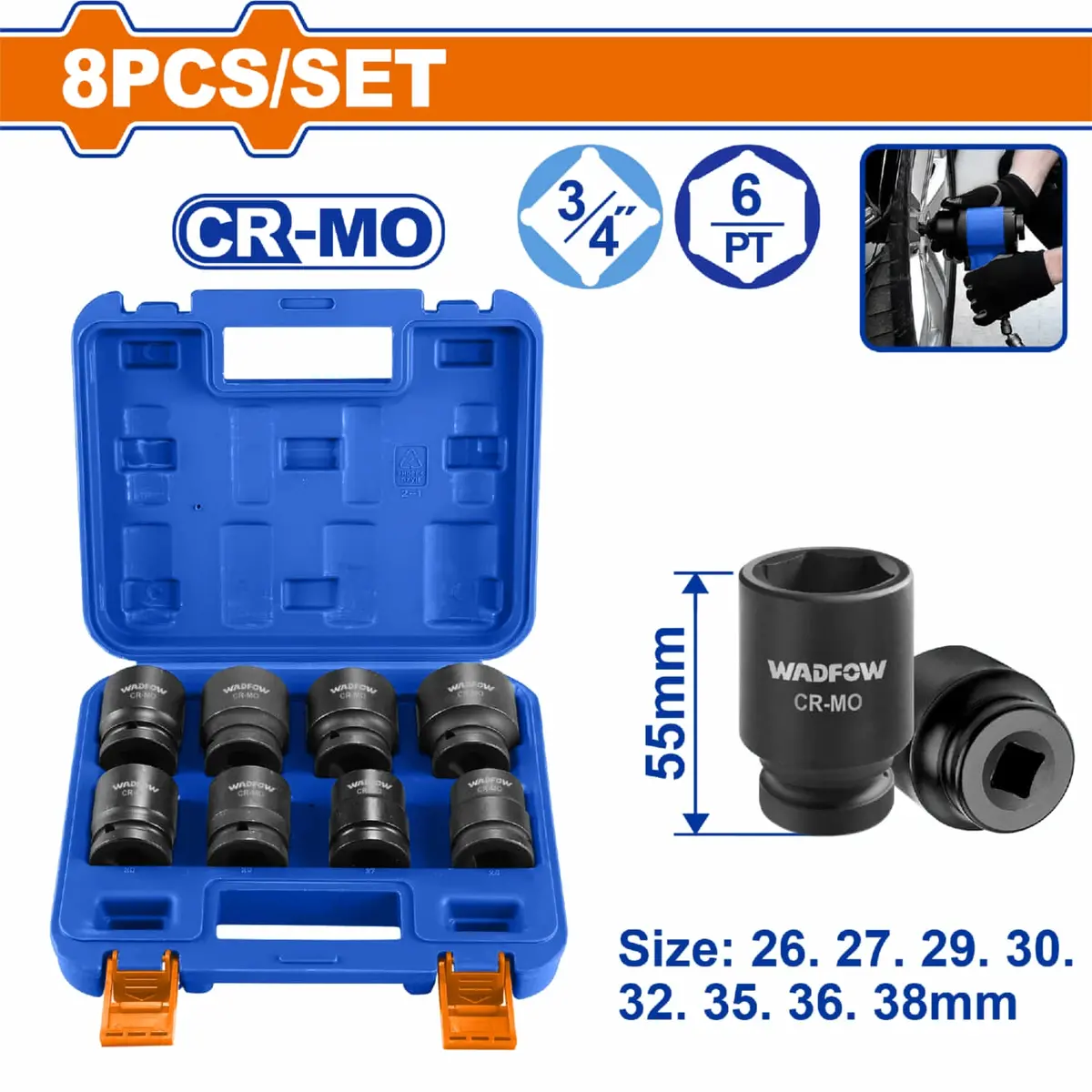 Dados Socket De Impacto 3/4" Largo 55Mm Crmo Tamaños 26-38Mm, Tratamiento Térmico. Set 8 Pzas 1
