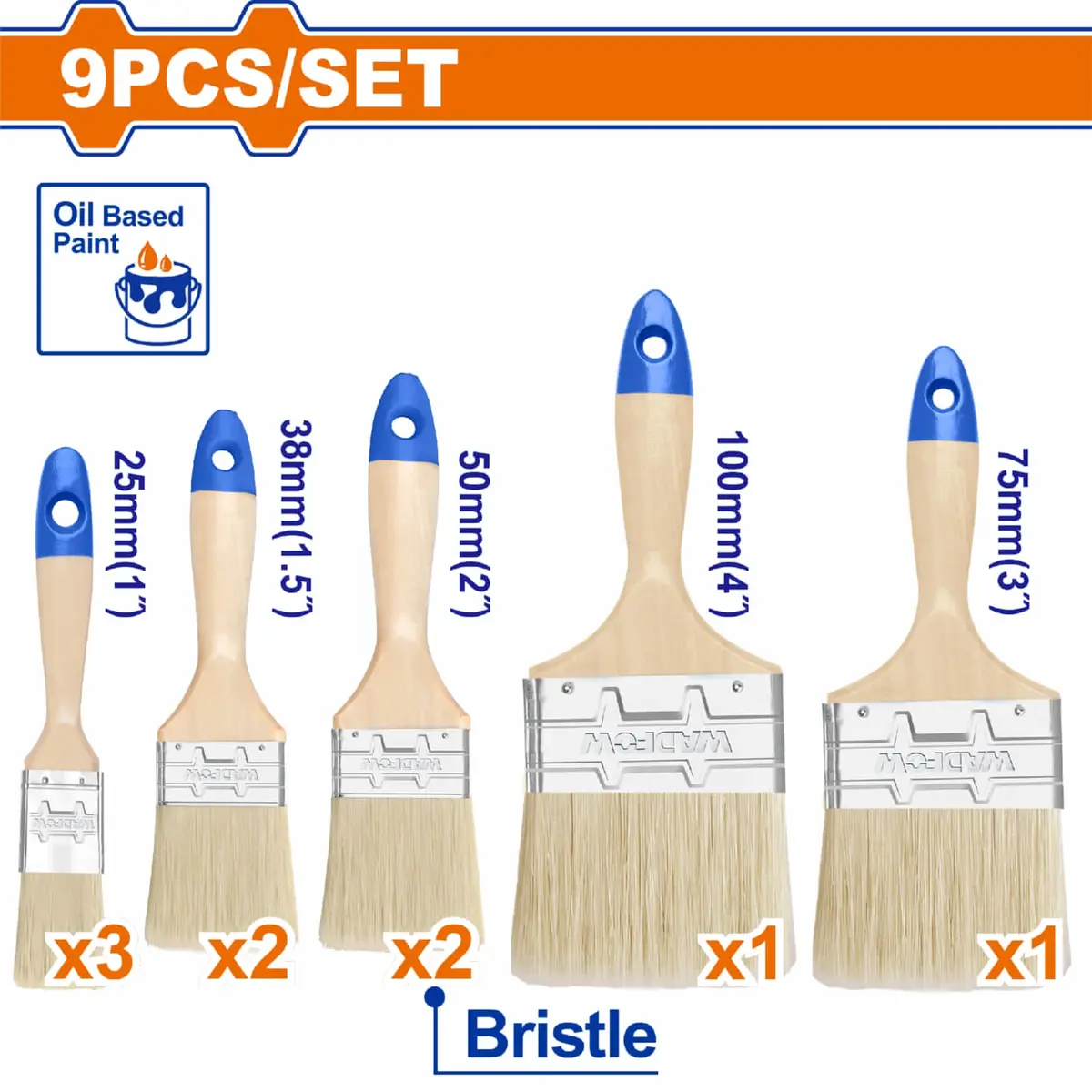 Pinceles Para Pintura Al Óleo Mango De Madera 1"(2.5Cm), 1.5"(3.8Cm), 2"(5Cm), 3"(7.6Cm), 4"(10.16Cm) Set 9 Pzas. Brochas 1