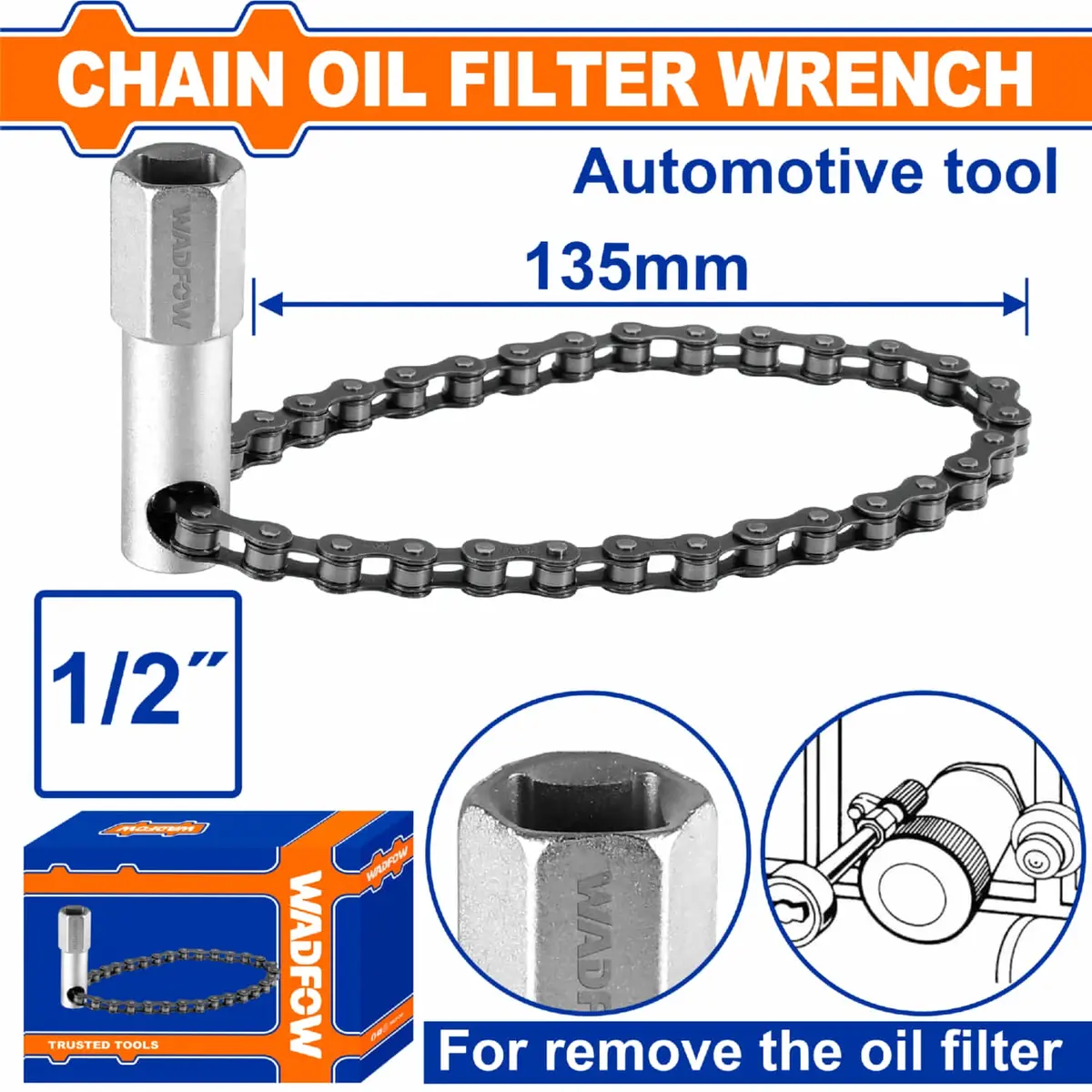 Llave De Cadena Para Filtro De Aceite 135Mm 1/2" En Acero Al Carbono Compatible Con Llave Ratchet 1