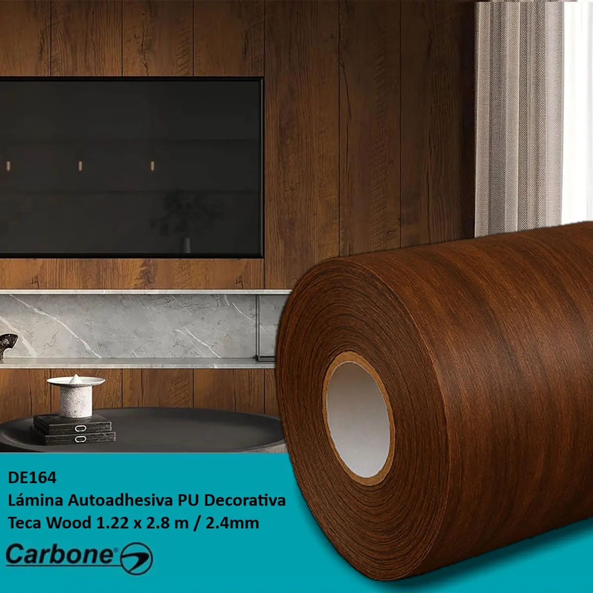 Rollo Lámina Decorativa Autoadhesiva Pu. Panel 1.20×2.80M×2.4Mm Acabado Madera Teca Mate Texturizado 1