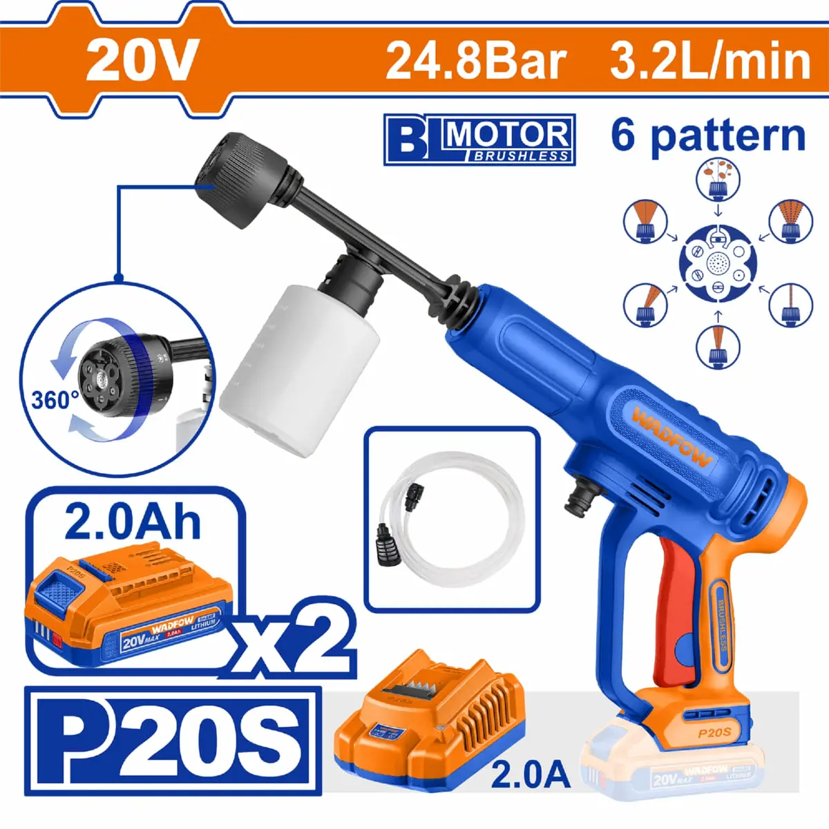 Hidrolavadora Inalámbrica 20V Motor Sin Escobillas. 3.2L 24.8 Bar. Parada Automática. Pistola 6 Patrones. Incluye 2 Baterías Y Cargador. 1