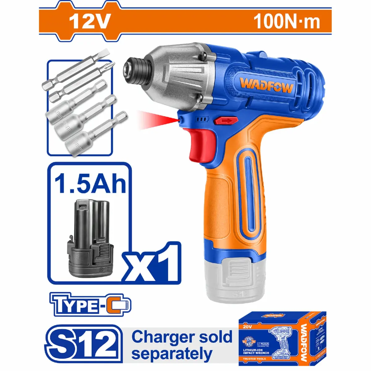 Llave Impacto Dado Hexagonal 1/4" 12V Motor. 100Nm. Velocidad Sin Carga 0-2000Rpm. Incluye Batería 1.5Ah Usb-C Y Accesorios. Cargador Por Separado. 1