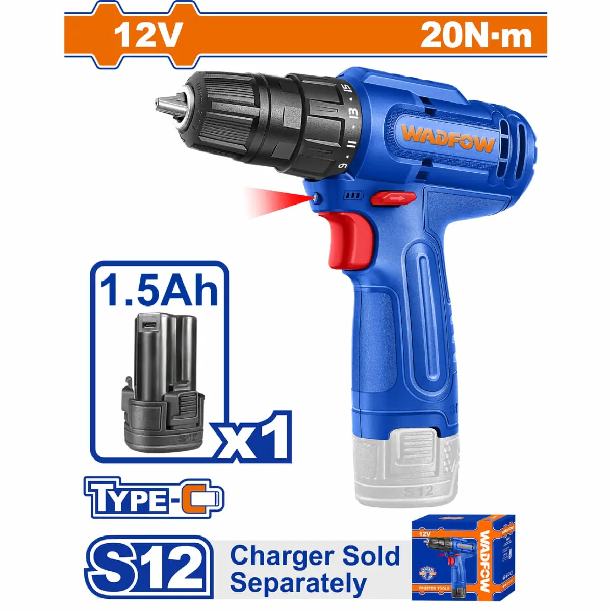 Taladro Inalámbrico 12V 3/8" 0.8-10Mm 20Nm 0-750Rpm Conexión Usb-C Incluye Batería. Cargador Por Separado. 1