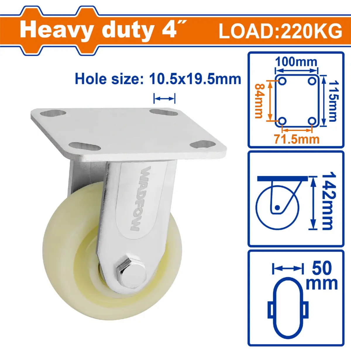 Rueda Rígida 4" Serie Trabajo Pesado Carga 220Kg Plástico Blanco. Rodachin 1