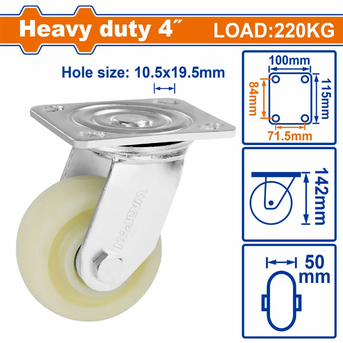 Rueda Giratoria 4" Serie Trabajo Pesado Carga 220Kg Plástico Blanco. Rodachin 1