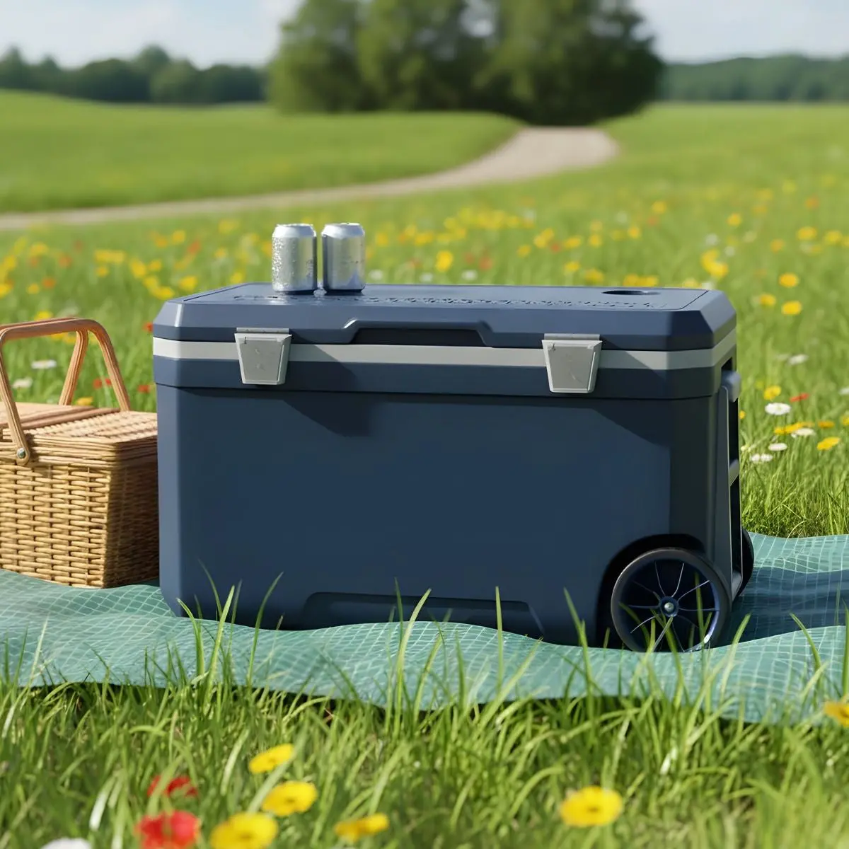 Hielera Portátil Rígida 74Qt (70L) Azul Con Ruedas. Cooler Grande 74X44x42cm Para Camping, Playa Y Picnic. 1