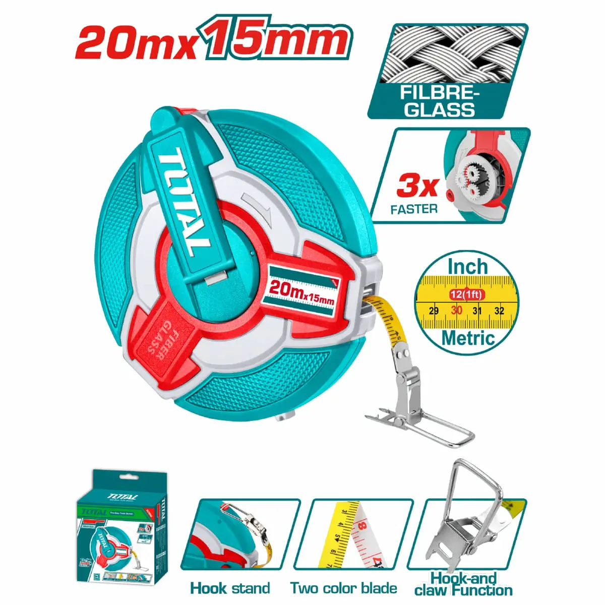 Cinta Métrica De Fibra De Vidrio 20Mx15mm Mango Integrado. Métrico Y Pulgadas. 1