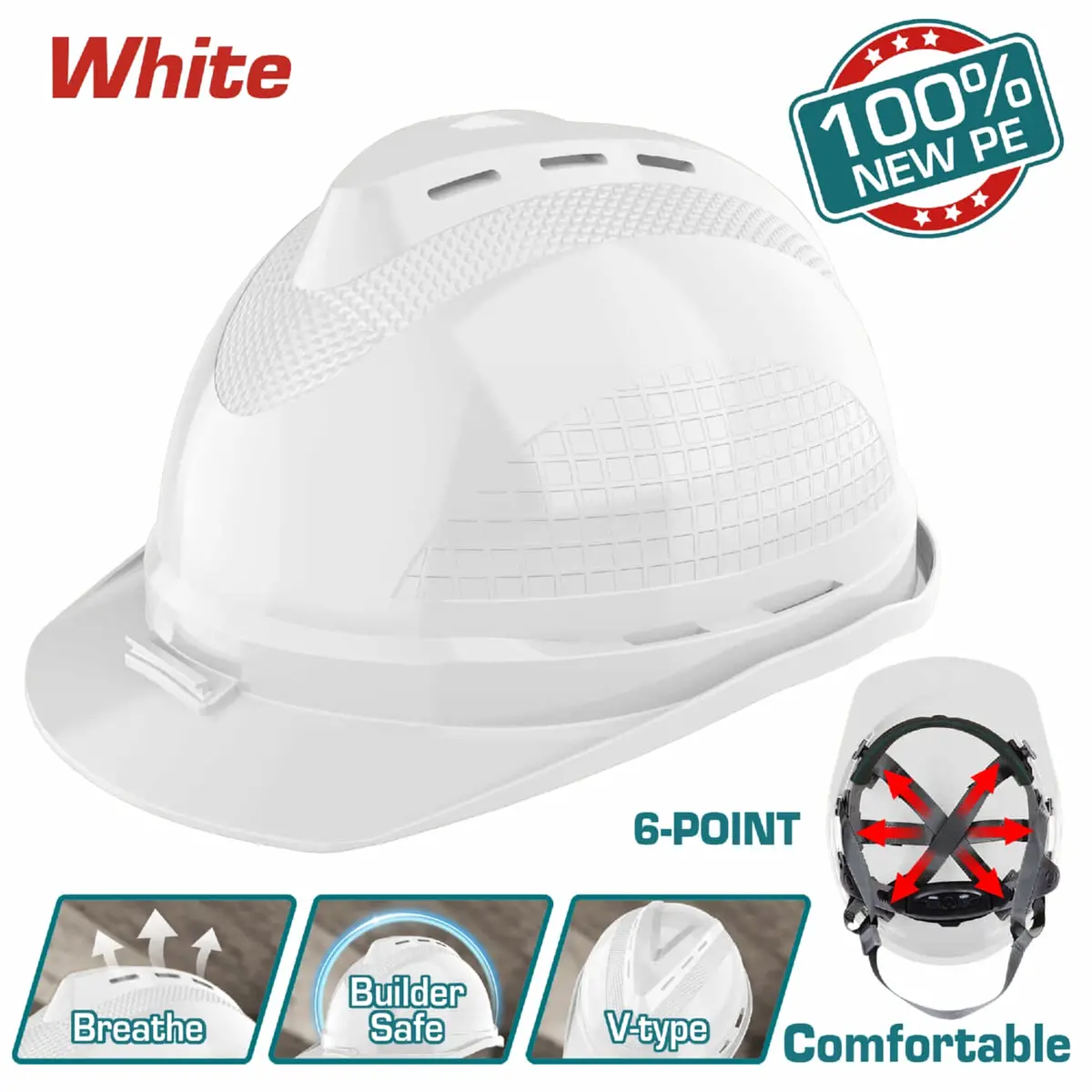 Casco De Seguridad Color Blanco. 6 Puntos De Suspensión. Ajustable Con Perilla. Carcasa De Pe Con Respiraderos. 1