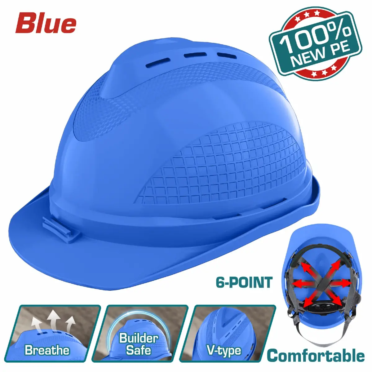 Casco De Seguridad Color Azul. 6 Puntos De Suspensión. Ajustable Con Perilla. Carcasa De Pe Con Respiraderos. 1