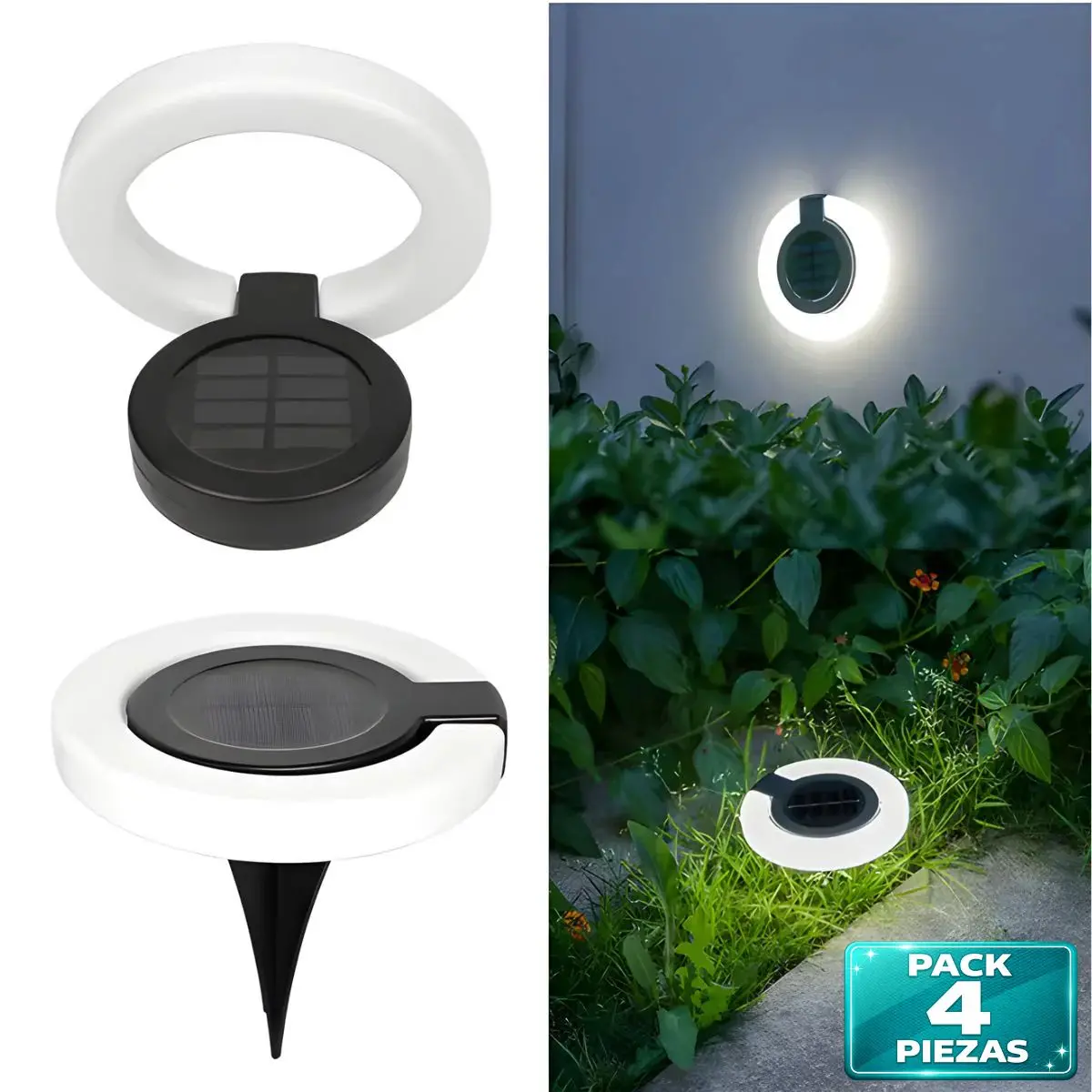 Lampara Solar Led Circular Para Jardín O Exteriores. Luz Blanca. Foco Con Panel Solar Para Piso O Caminos. (Pack De 4). 1
