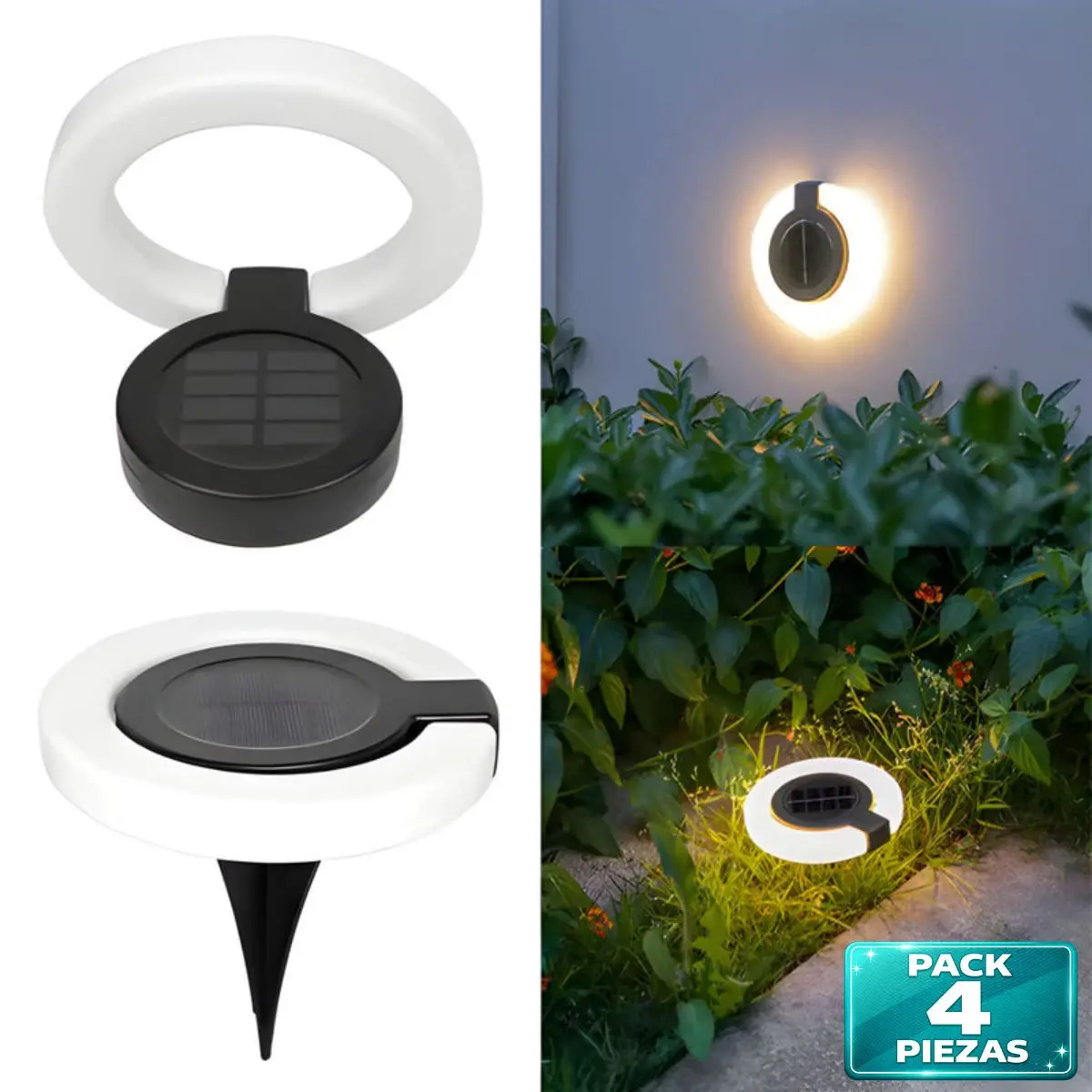 Lampara Solar Led Circular Para Jardín O Exteriores. Luz Cálida. Foco Con Panel Solar Para Piso O Caminos. (Pack De 4). 1