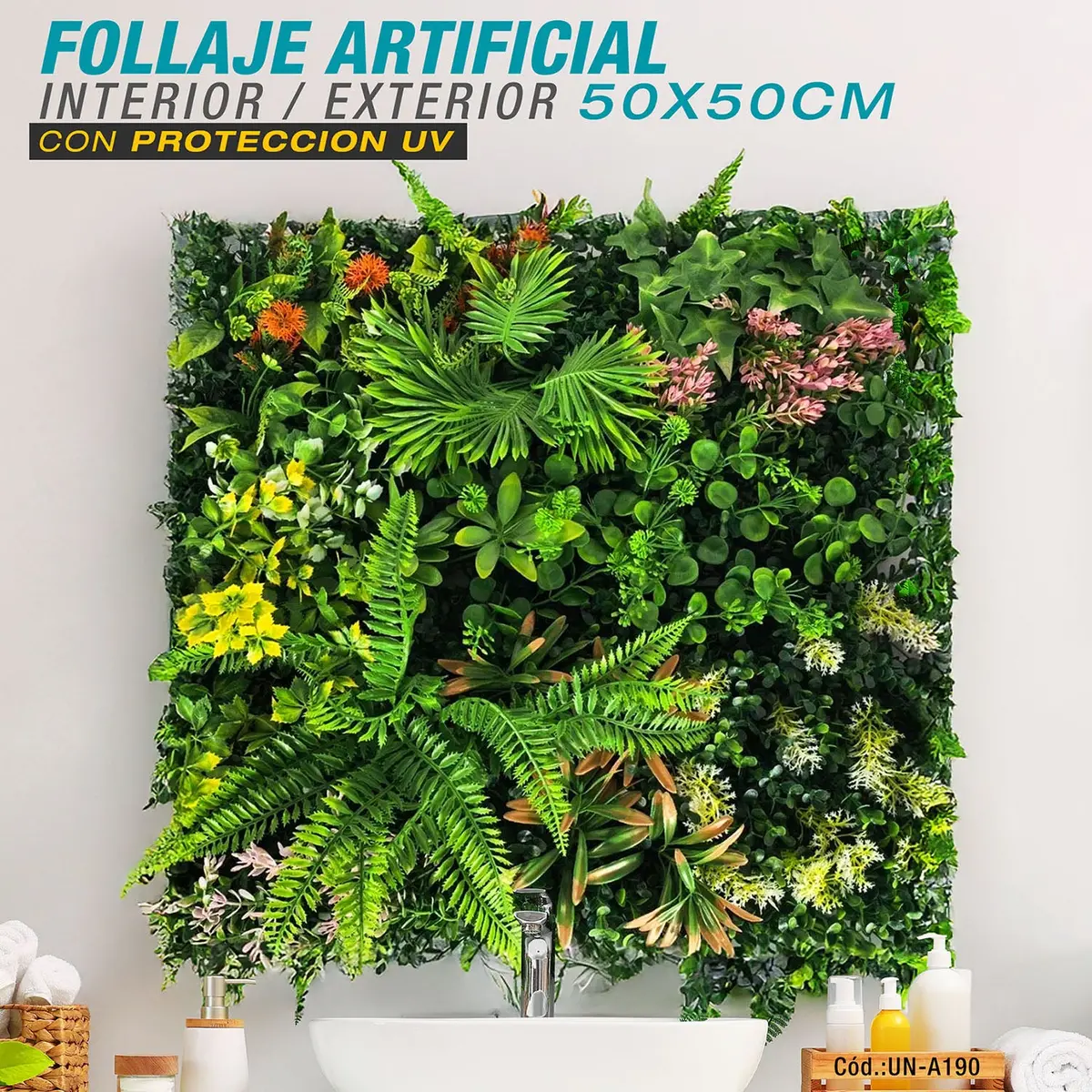 Follaje Artificial Verde 50X50cm Con Flores Blancas Para Decoración De Pared Interior O Exterior (Con Proteccion Uv) 1