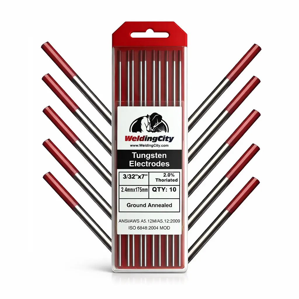 Tungstenos Rojos Thoriados 2.4 Mm (3/32") Para Soldadura Tig Al 2.0 % Wt20  175Mm. (Paquete De 10 Pcs) 1