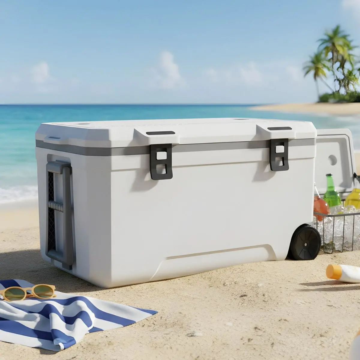 Hielera Portátil Rígida 127Qt (120L) Con Ruedas (Color Blanco). Cooler Grande 94X55x50cm Para Camping, Pesca Y Playa. 1